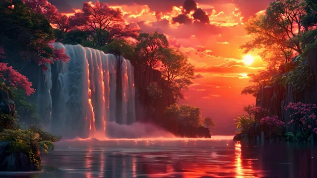 a beautiful landscape, waterfal and trees, sunset colors, vectorial illustration generative ai