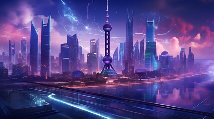 Futuristic panoramic view of the city at night.