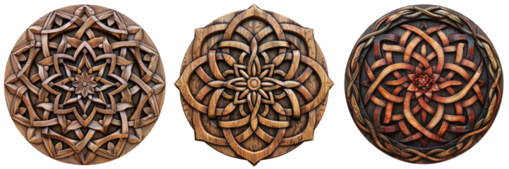 Celtic Wooden Mandala Set Isolated on Transparent or White Background, PNG