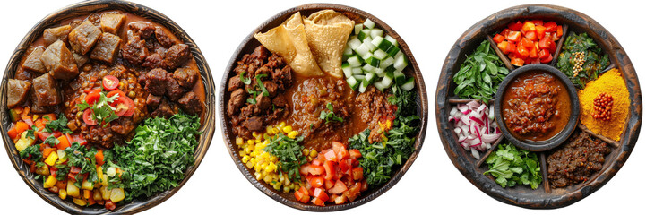 Ethiopian Injera with Spicy Stews and Vegetables Isolated on Transparent or White Background, PNG