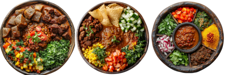 Ethiopian Injera with Spicy Stews and Vegetables Isolated on Transparent or White Background, PNG