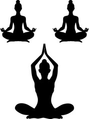 Set of silhouettes on woman practicing meditation in padmasana yoga pose with different arms positions. Yoga meditation workout. Yoga girl icons for healthy life conception.