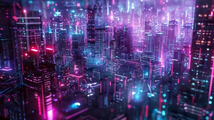 Fototapeta premium Futuristic double exposure blending neon party lights with futuristic cityscapes for a high-tech cyberpunk party experience