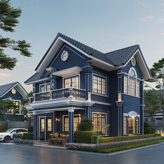 Navy blue colonial house with a dignified appearance and a spacious layout, ideal for a family in a suburb.