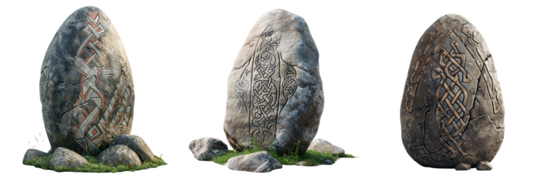 Ancient Rune Stone 3D Render Set Isolated on Transparent or White Background, PNG