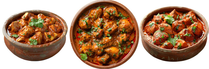 Fototapeta premium Chicken Tikka Masala in Clay Plate Set Isolated on Transparent or White Background, PNG