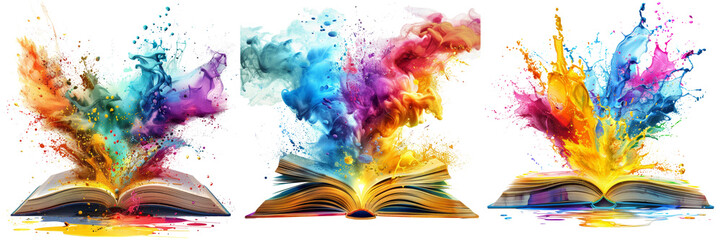 Digital Abstract Book Exploding into Colors Set Isolated on Transparent or White Background, PNG