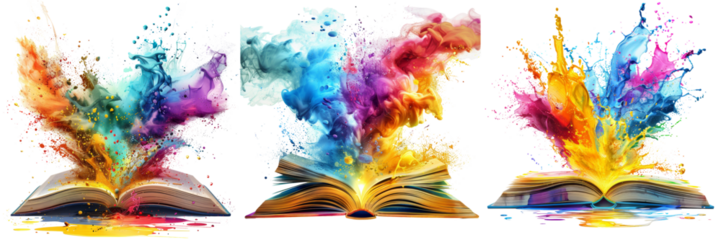 Digital Abstract Book Exploding into Colors Set Isolated on Transparent or White Background, PNG