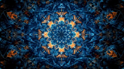 Kaleidoscopic arrangement of geometric shapes forming a symmetrical and hypnotic background pattern