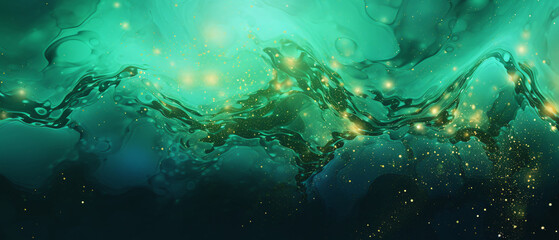 Fototapeta premium Various Stains and Overflows of Gold Particles in Green Gradient Abstract Background