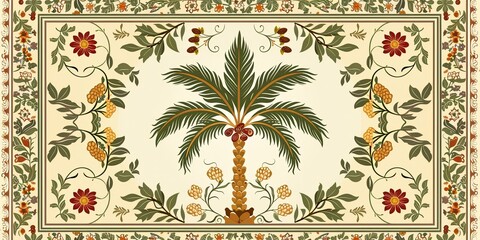 Date palm illustrated on an elaborate oriental carpet. Traditional artwork concept