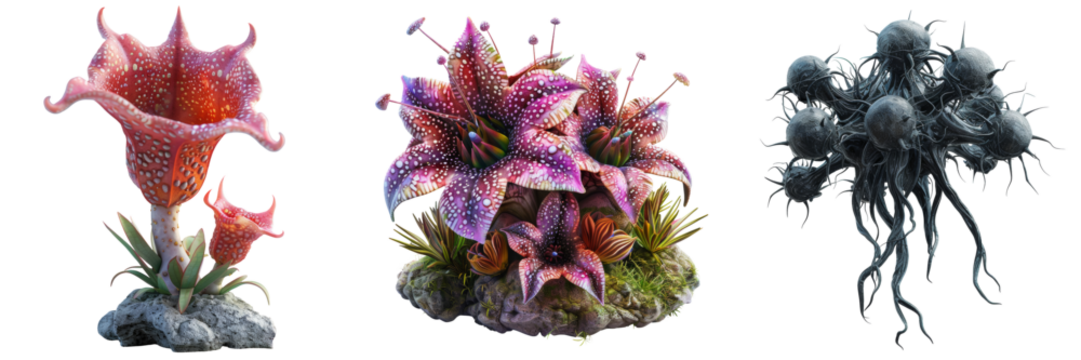 Alien Flora Specimen 3D Render Set Isolated on Transparent or White Background, PNG