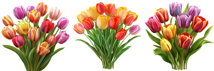Fototapeta premium Colorful Spring Tulips Flowers Bouquet Isolated on Transparent or White Background, PNG