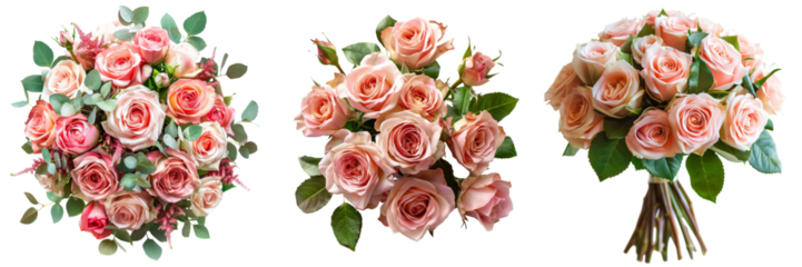 Beautiful Rose Flowers Bouquet for Weddings Set Isolated on Transparent or White Background, PNG