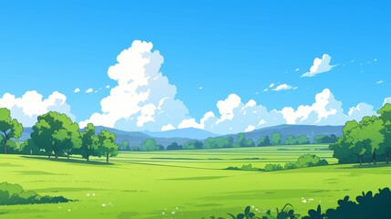 Obraz premium Summer Landscape with Lush Green Fields and White Clouds