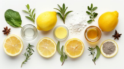 Lemon, baking soda, vinegar, essential oils product shot, professional and colorful top view