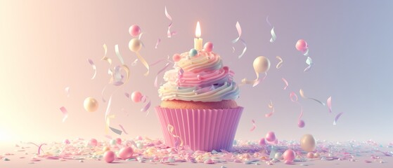 A delightful birthday cupcake, adorned with a celebratory banner and a glowing candle, serves as a sweet reminder of life's precious moments