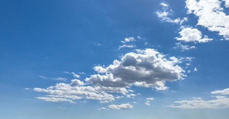 Clear blue sky and white cloud background texture. Empty bright horizon, summer day. Copy space.