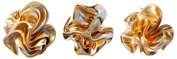 Abstract Gold Shape 3D Render Set Isolated on Transparent or White Background, PNG