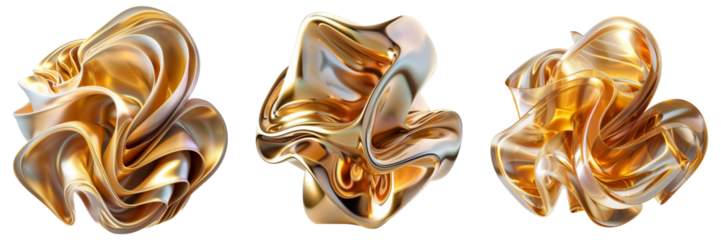 Abstract Gold Shape 3D Render Set Isolated on Transparent or White Background, PNG