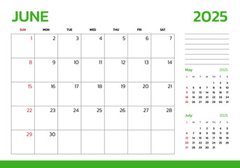 June 2025 Calendar. Week start on Sunday. Desk calendar 2025 design, simple and clean design, Wall calendar for print, digital calendar, Corporate design planner template vector.