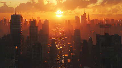 Obraz premium vast post apocalyptic city skyline sunset silhouette - premium pen tool cutout - city with tall buildings and skyscrapers - debris and destruction - wide panoramic angle