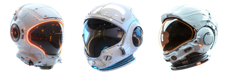 Fototapeta premium Futuristic Space Helmet 3D Render Set Isolated on Transparent or White Background, PNG