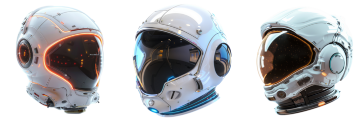Futuristic Space Helmet 3D Render Set Isolated on Transparent or White Background, PNG