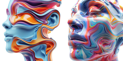 Abstract Colorful Face 3D Render Set Isolated on Transparent or White Background, PNG