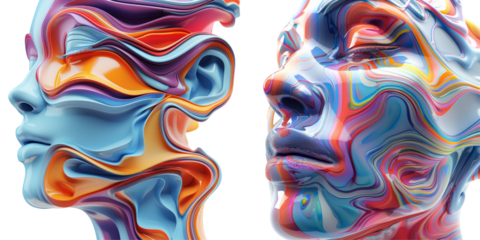 Abstract Colorful Face 3D Render Set Isolated on Transparent or White Background, PNG
