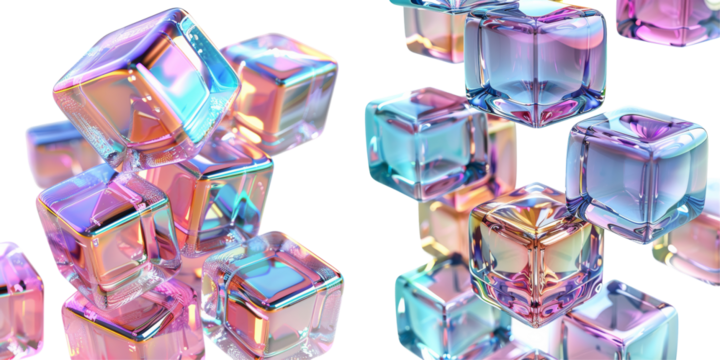 Connected Iridescent Cubes 3D Render Set Isolated on Transparent or White Background, PNG