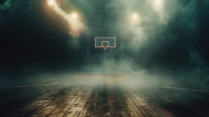 Naklejka premium Dynamic view of a basketball court in a stadium with bright lights and theatrical smoke effects