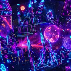 A music festival stage designed with neon astronomy visuals, including glowing star maps and vibrant planetary projections, enhancing the cosmic theme of the event, suitable for festival marketing and