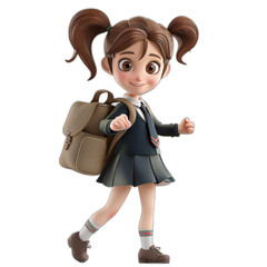 Cheerful 3D Female Student Character in School Uniform with Backpack on White Background