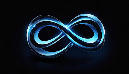 An infinity sign or icon glowing blue with white accents, vector style image on black background and copy space
