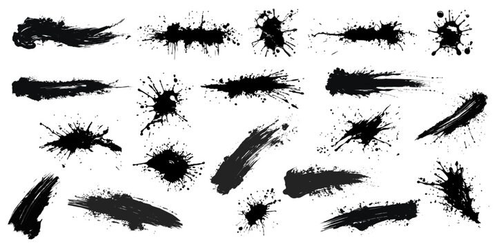 Set of black paint, ink brush strokes, brushes, lines, grungy. Abstract dirty artistic design elements, boxes, frames. Vector illustration. Isolated on white background.