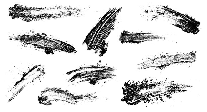 Set of black paint splater, ink brush strokes, brushes. Vector illustration. Isolated on white background. mezzotint photocopy effect, grunge punk y2k collage design. brutalist retro vintage poster.