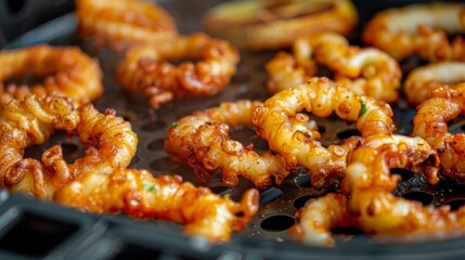 Plate of crispy and golden-brown calamari rings cooking in the air fryer