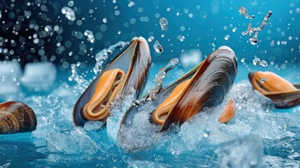 fresh mussels with splashing water and ice cubes