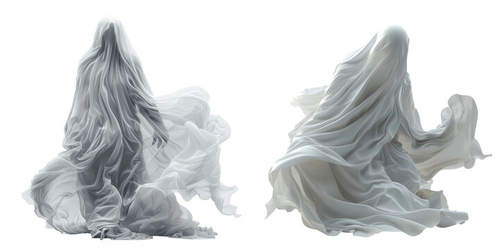 Ethereal Ghost Apparition 3D Render Set Isolated on Transparent or White Background, PNG