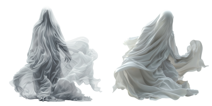 Ethereal Ghost Apparition 3D Render Set Isolated on Transparent or White Background, PNG