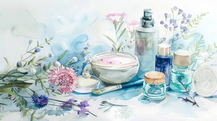 Beauty and wellness items brought to life through delicate watercolor strokes