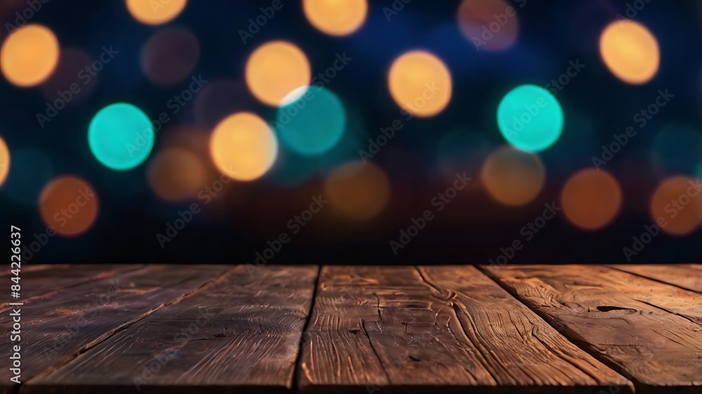 Poster empty wooden table with neon light bokeh background generative ai.