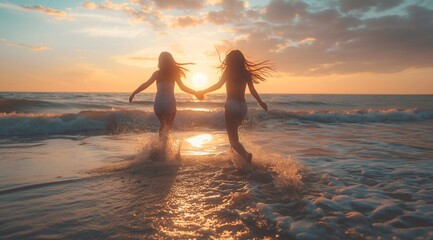 Two girls running hand in hand on the beach, sunset, waves splashing around them, long hair blowing with wind. generative AI