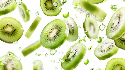 Fresh kiwi fruit slices falling in mid-air, isolated on white background.  Perfect for food and beverage concepts.