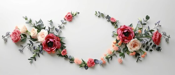 Pink and red floral frame with greenery on white background.