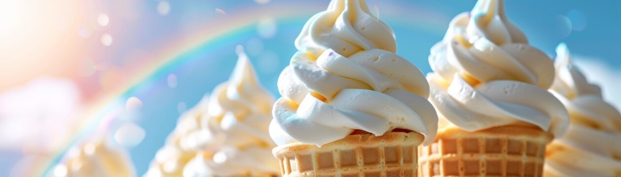 Close-up of soft serve ice cream cones against a colorful background.