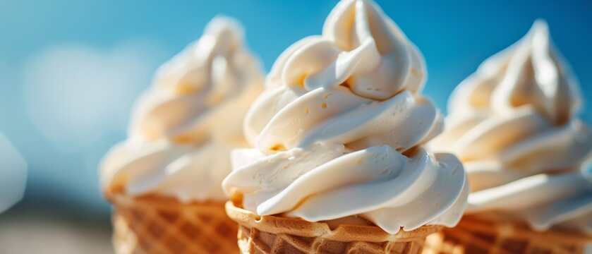 Close-up of three soft serve ice cream cones.