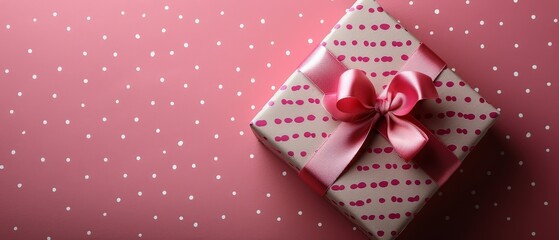 Pink gift box with white polka dots and pink bow on pink background.