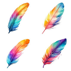 A collection of four vibrant, colorful watercolor feathers, each painted with different shades of yellow, orange, pink, purple, green, and blue. The feathers are isolated on a white background